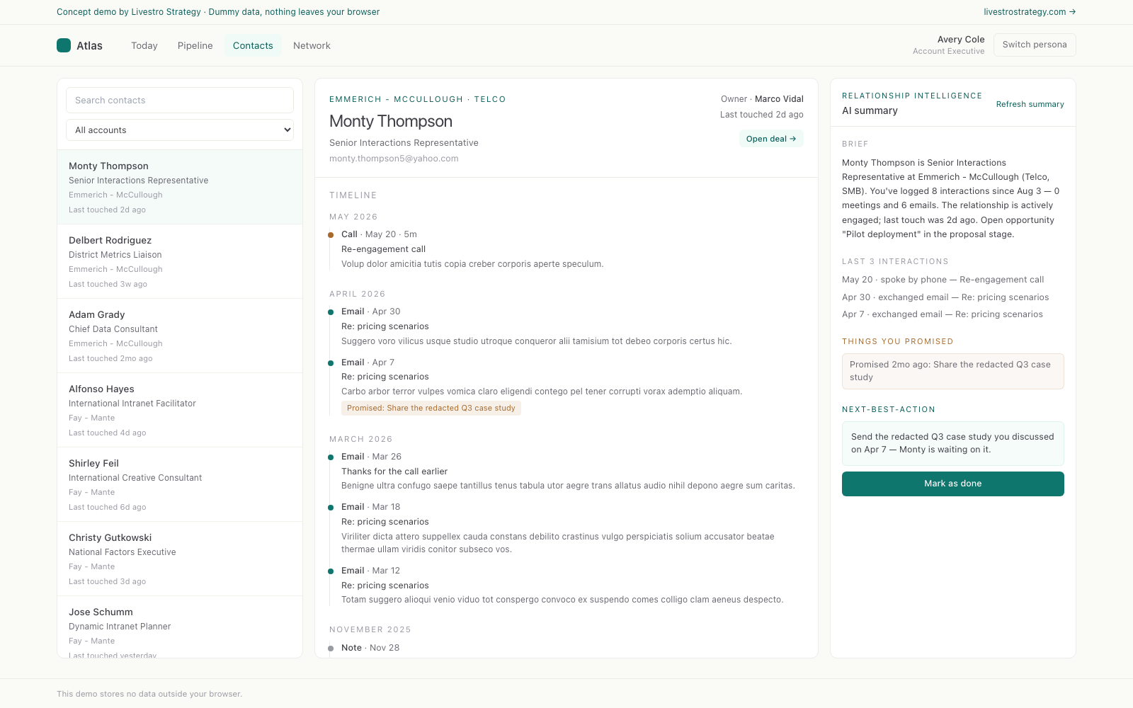 Atlas — contact detail with AI-written relationship summary panel.