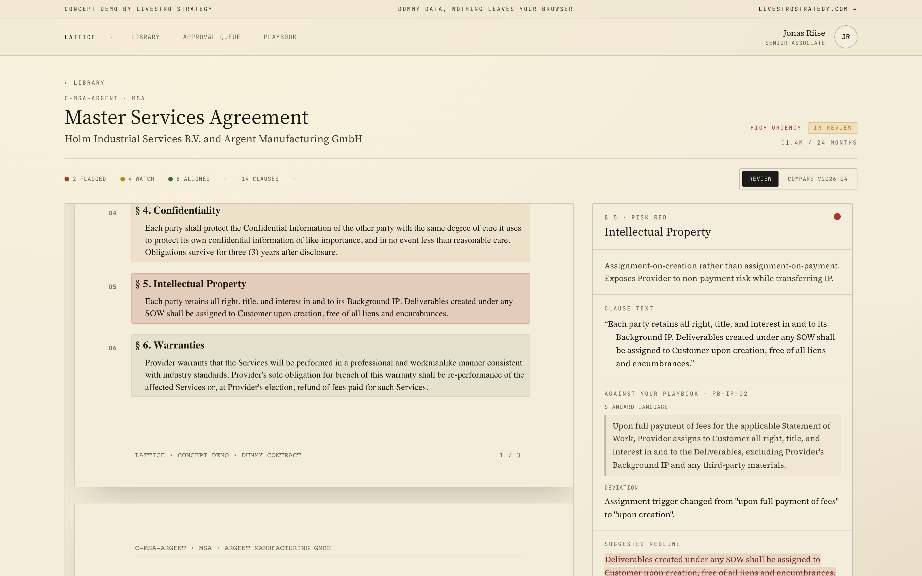 Lattice — contract review surface with PDF on the left and clause risk cards on the right.