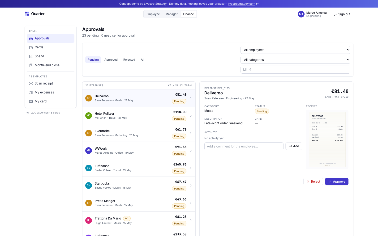 Quarter — finance admin reviewing an expense in the desktop inbox.